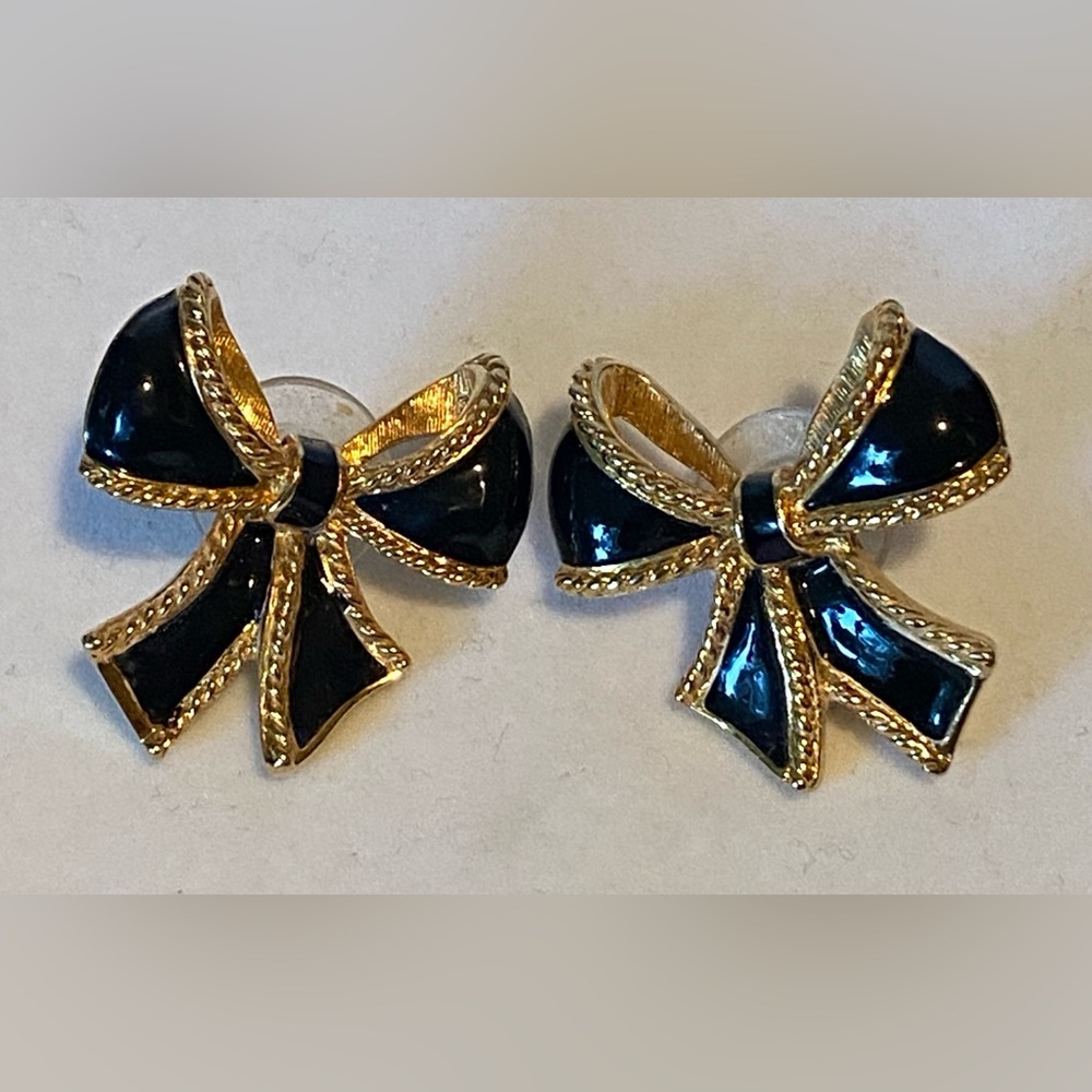 Vintage K.J.L. Kenneth Jay Lane Avon Bow Black Enamel Gold Tone Pierced Earrings
